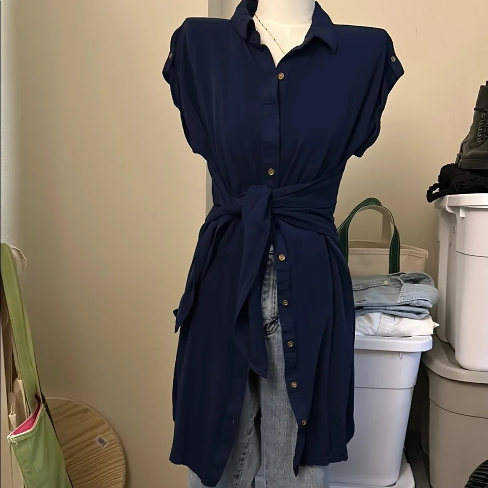 Navy Blue Button-Up Shirt-Dress - Picture 2 of 12